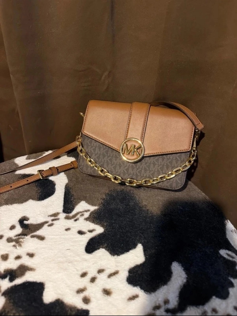 Michael Kors Brown Logo Chain-Detail Crossbody
